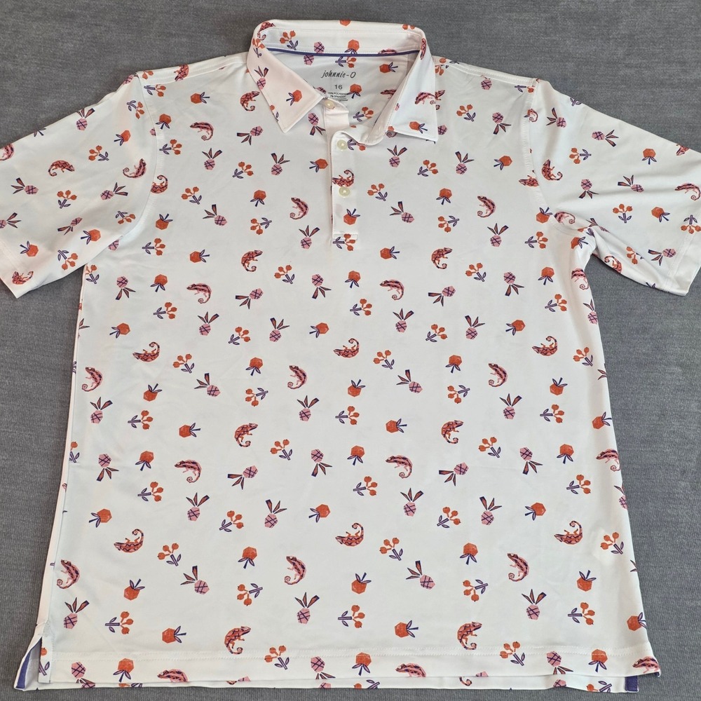 johnnie-O Women Flynn Chameleon Tropical Print Polo Shirt White Size 16 Golf